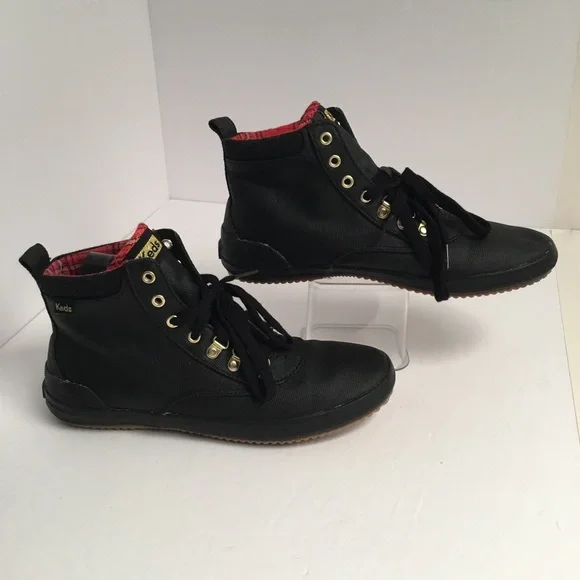 Keds Black Lace-Up High-Top Boots with Red Plaid Lining - Picture 1 of 11